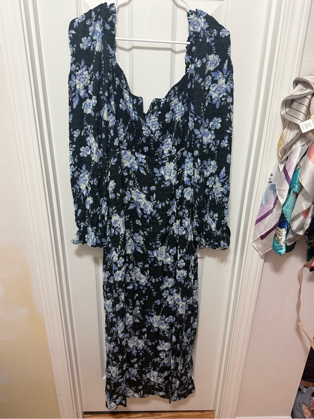 Free People Black Midi Dress with Light Blue Floral Print